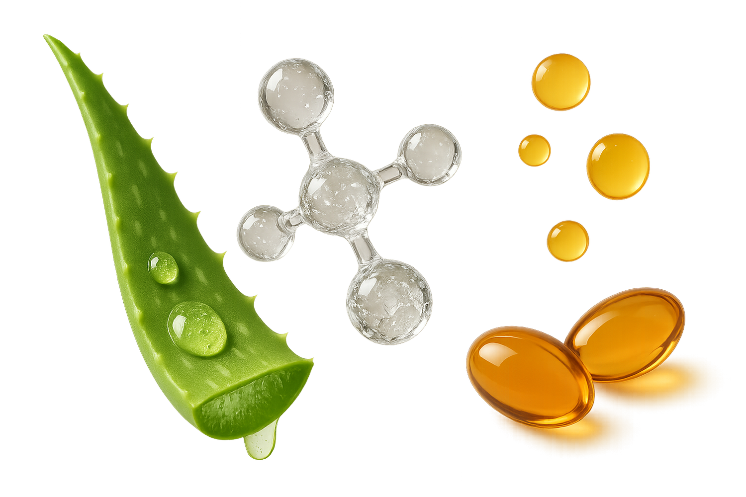 eine ästhetische darstellung meiner wertvollsten inhaltsstoffe, aloe vera, hyaluron, panthenol, vitamni E auf transparentem hintergrund